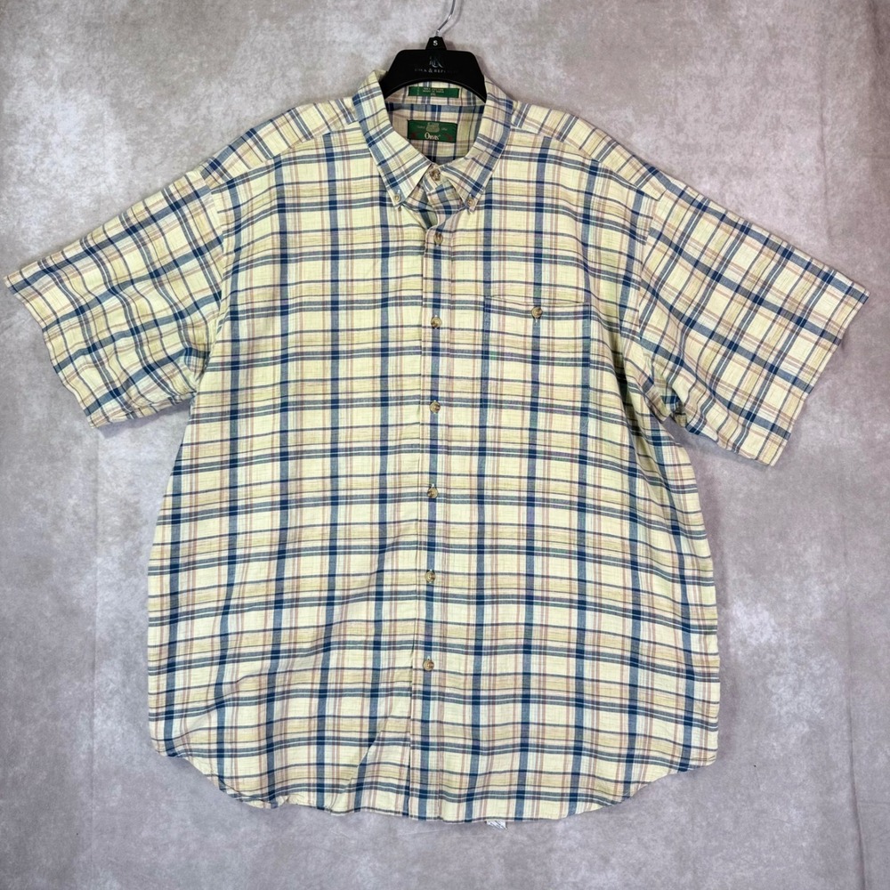 Orvis Button Down Shirt Mens XXL Yellow Blue Plaid Short Sleeve Cotton Preppy